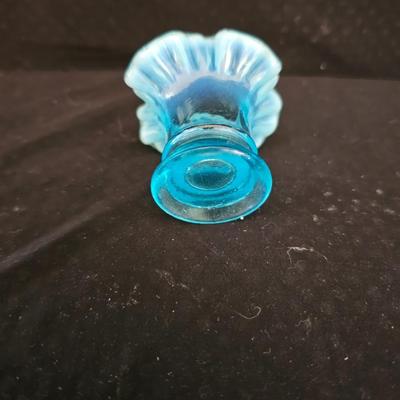 Fenton Art Glass Blue Opalescent Miniature #37 Crimped Vase 1 1/2" Tall