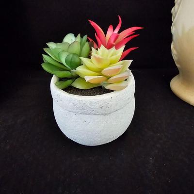 Vintage Haeger pitcher / vase with original artwork and faux succulant plants in pot