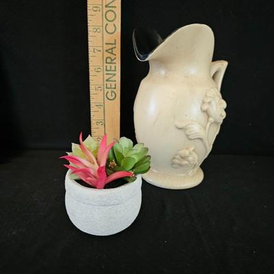 Vintage Haeger pitcher / vase with original artwork and faux succulant plants in pot
