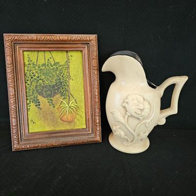 Vintage Haeger pitcher / vase with original artwork and faux succulant plants in pot