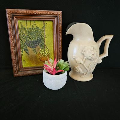 Vintage Haeger pitcher / vase with original artwork and faux succulant plants in pot