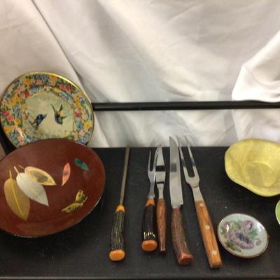 Metal Bird Plates, Carving Untensils, Metal Bowls, Decorative Bowls Lot