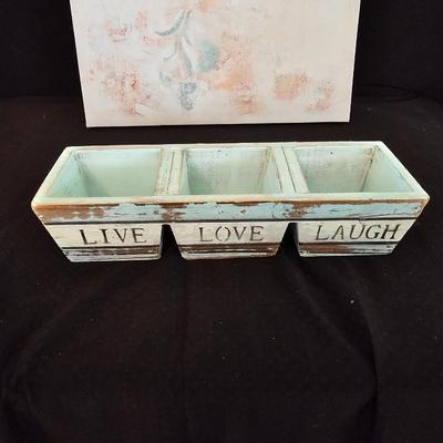 Canvas wall art of a pair of hooded parrots and a wooden Live Love Laugh box