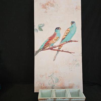 Canvas wall art of a pair of hooded parrots and a wooden Live Love Laugh box