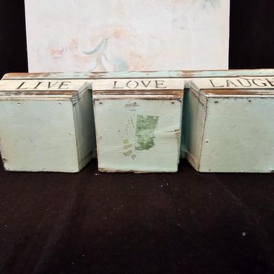 Canvas wall art of a pair of hooded parrots and a wooden Live Love Laugh box