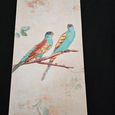 Canvas wall art of a pair of hooded parrots and a wooden Live Love Laugh box