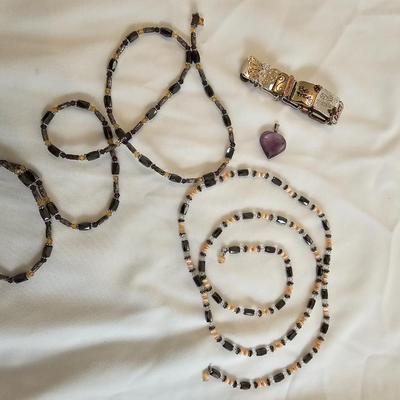 Two Magic Magnetic Therapy Hematite & Crystal Bead Wrap Necklace/Bracelets an amethyst heart and a metal link bracelet