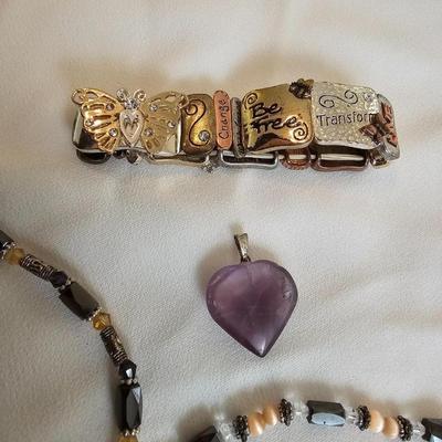 Two Magic Magnetic Therapy Hematite & Crystal Bead Wrap Necklace/Bracelets an amethyst heart and a metal link bracelet