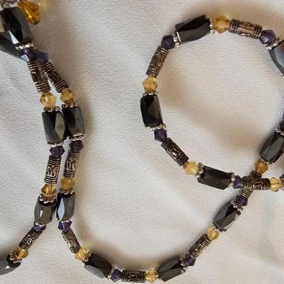 Two Magic Magnetic Therapy Hematite & Crystal Bead Wrap Necklace/Bracelets an amethyst heart and a metal link bracelet