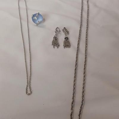 Vintage AVON Moon Shimmer ring with silver toned clip on earrings and two necklaces