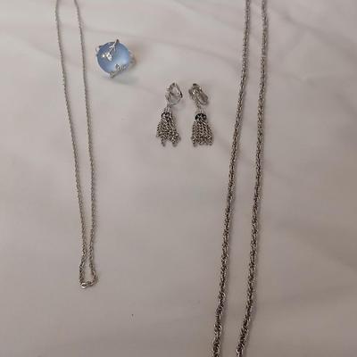 Vintage AVON Moon Shimmer ring with silver toned clip on earrings and two necklaces
