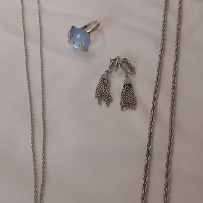 Vintage AVON Moon Shimmer ring with silver toned clip on earrings and two necklaces