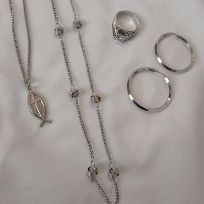 Silver-toned Jewlery earrings, Necklaces and a beautiful ring