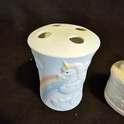 Everything Unicorn - Porcelain music box - mirror - toothbrush holder with matching soap dish and Trinket box