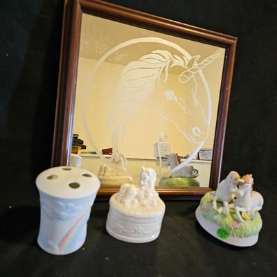 Everything Unicorn - Porcelain music box - mirror - toothbrush holder with matching soap dish and Trinket box