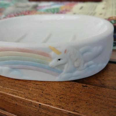 Everything Unicorn - Porcelain music box - mirror - toothbrush holder with matching soap dish and Trinket box