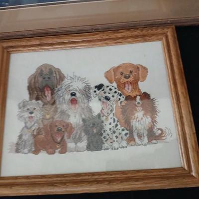 Framed Teresa Fasolino Artwork with Embroidered framed dogs
