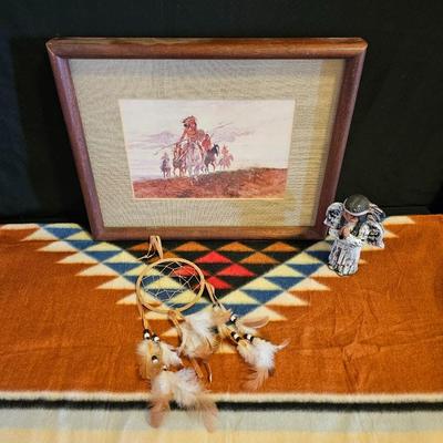 Native American Angel figure with Native light weight blanket and a framed Charles Russel Print