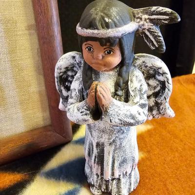Native American Angel figure with Native light weight blanket and a framed Charles Russel Print