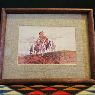 Native American Angel figure with Native light weight blanket and a framed Charles Russel Print