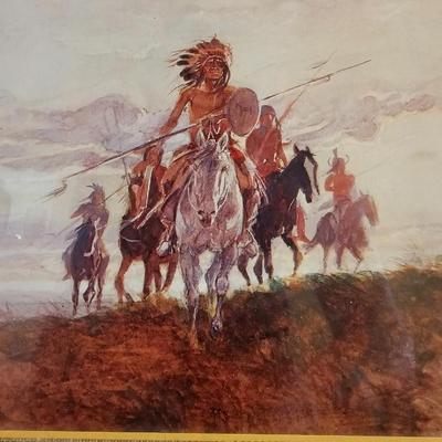 Native American Angel figure with Native light weight blanket and a framed Charles Russel Print