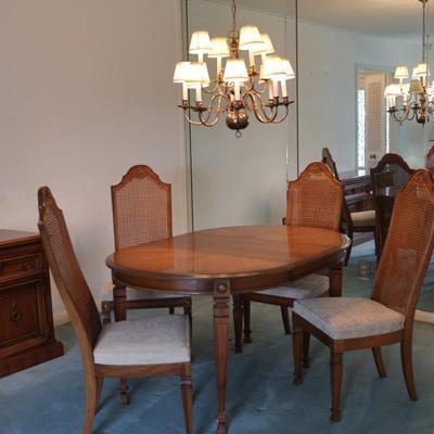 Dining Table with 2 Leaves and Cane Back Chairs