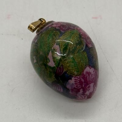 Vintage Enameled Mini Egg Pendant - Cherry Blossoms