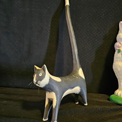 Cast Iron Cat door stop, Cat-stained glass suncatcher and a wooden kitty with a long tail