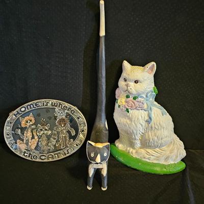 Cast Iron Cat door stop, Cat-stained glass suncatcher and a wooden kitty with a long tail