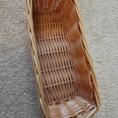 Assortment of wicker baskets, wicker coasters - and a clasping Punch Studio small sewing case
