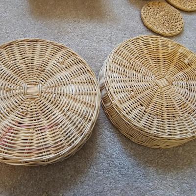 Assortment of wicker baskets, wicker coasters - and a clasping Punch Studio small sewing case