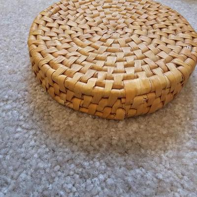 Assortment of wicker baskets, wicker coasters - and a clasping Punch Studio small sewing case