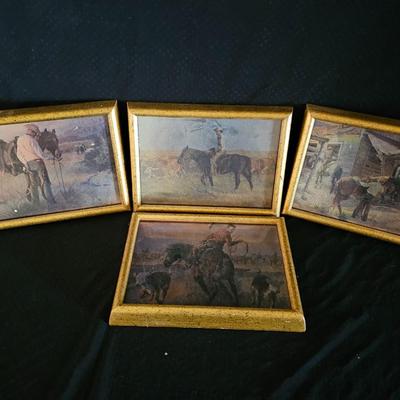 Set of four small cowboy framed wall art pictures 8" x 6"