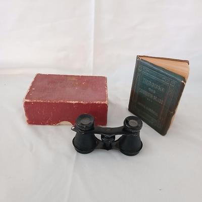 Antique Theater binoculars in vintage Westfield watch box with a small leather Through the looking glass book - Alice in wonderland