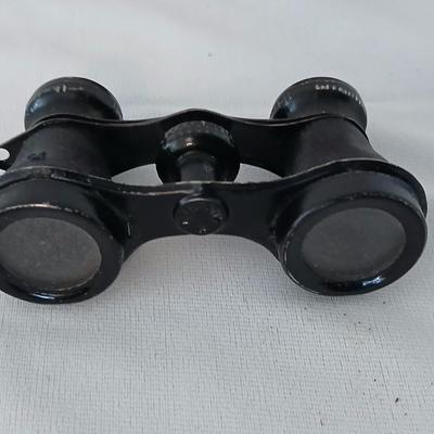 Antique Theater binoculars in vintage Westfield watch box with a small leather Through the looking glass book - Alice in wonderland