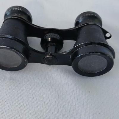 Antique Theater binoculars in vintage Westfield watch box with a small leather Through the looking glass book - Alice in wonderland