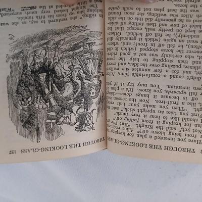 Antique Theater binoculars in vintage Westfield watch box with a small leather Through the looking glass book - Alice in wonderland