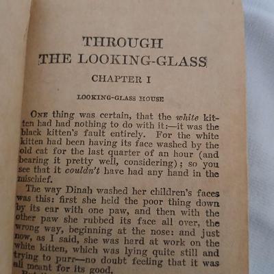 Antique Theater binoculars in vintage Westfield watch box with a small leather Through the looking glass book - Alice in wonderland