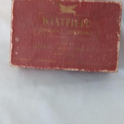 Antique Theater binoculars in vintage Westfield watch box with a small leather Through the looking glass book - Alice in wonderland