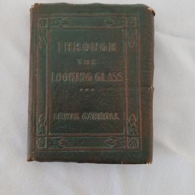 Antique Theater binoculars in vintage Westfield watch box with a small leather Through the looking glass book - Alice in wonderland