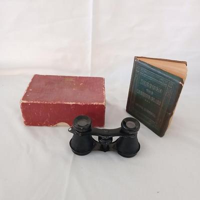 Antique Theater binoculars in vintage Westfield watch box with a small leather Through the looking glass book - Alice in wonderland