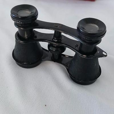 Antique Theater binoculars in vintage Westfield watch box with a small leather Through the looking glass book - Alice in wonderland