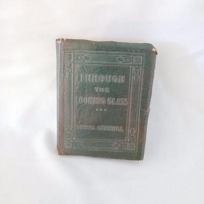 Antique Theater binoculars in vintage Westfield watch box with a small leather Through the looking glass book - Alice in wonderland
