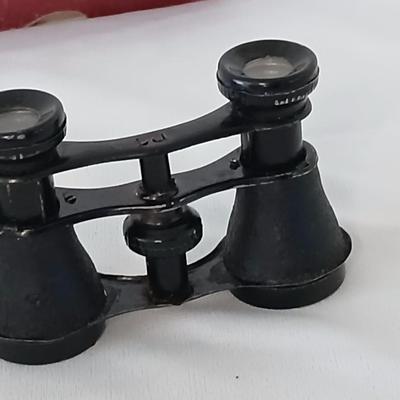 Antique Theater binoculars in vintage Westfield watch box with a small leather Through the looking glass book - Alice in wonderland