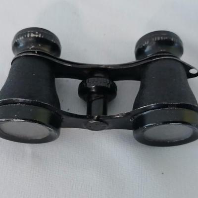 Antique Theater binoculars in vintage Westfield watch box with a small leather Through the looking glass book - Alice in wonderland