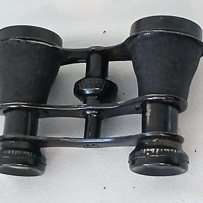 Antique Theater binoculars in vintage Westfield watch box with a small leather Through the looking glass book - Alice in wonderland