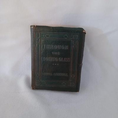 Antique Theater binoculars in vintage Westfield watch box with a small leather Through the looking glass book - Alice in wonderland