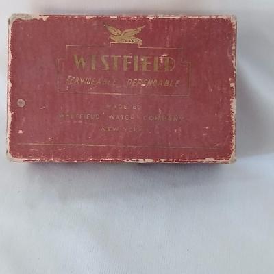 Antique Theater binoculars in vintage Westfield watch box with a small leather Through the looking glass book - Alice in wonderland