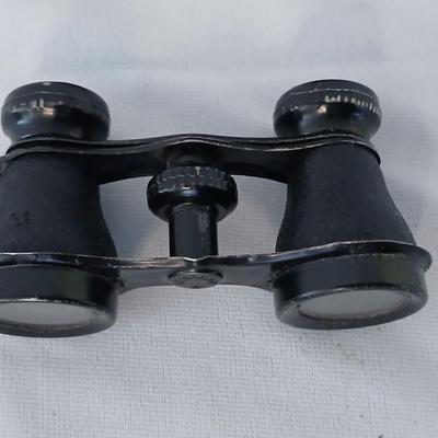 Antique Theater binoculars in vintage Westfield watch box with a small leather Through the looking glass book - Alice in wonderland