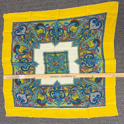 Vintage Scarf - yellow, blue, turquoise, red 30" square no label silk or silk mix